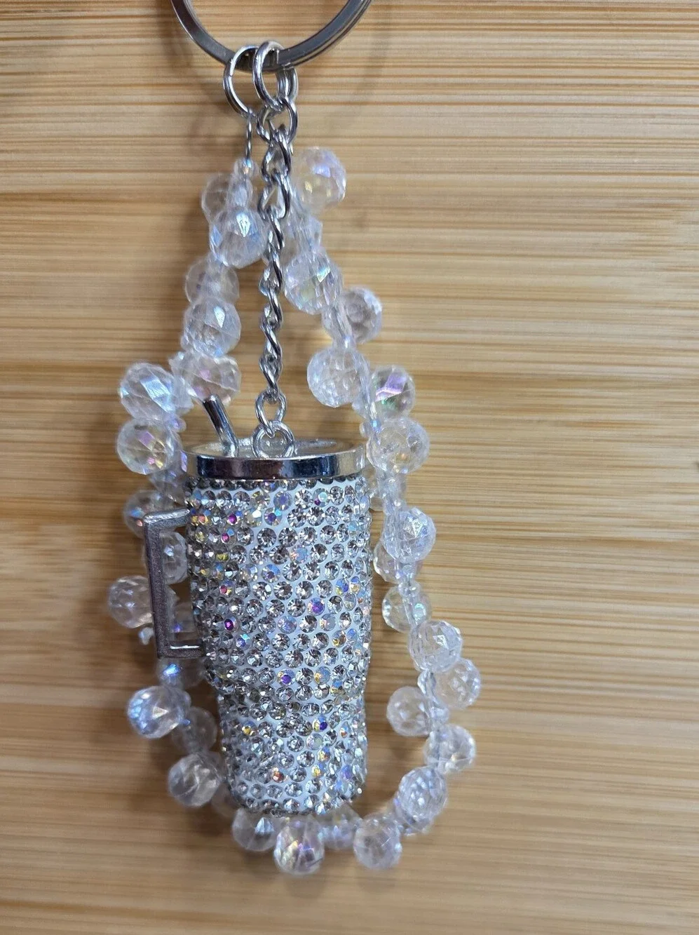 Bling Rhinestone Tumbler Keychain with Iridescent Crystal Bead Wristlet Strap ✨